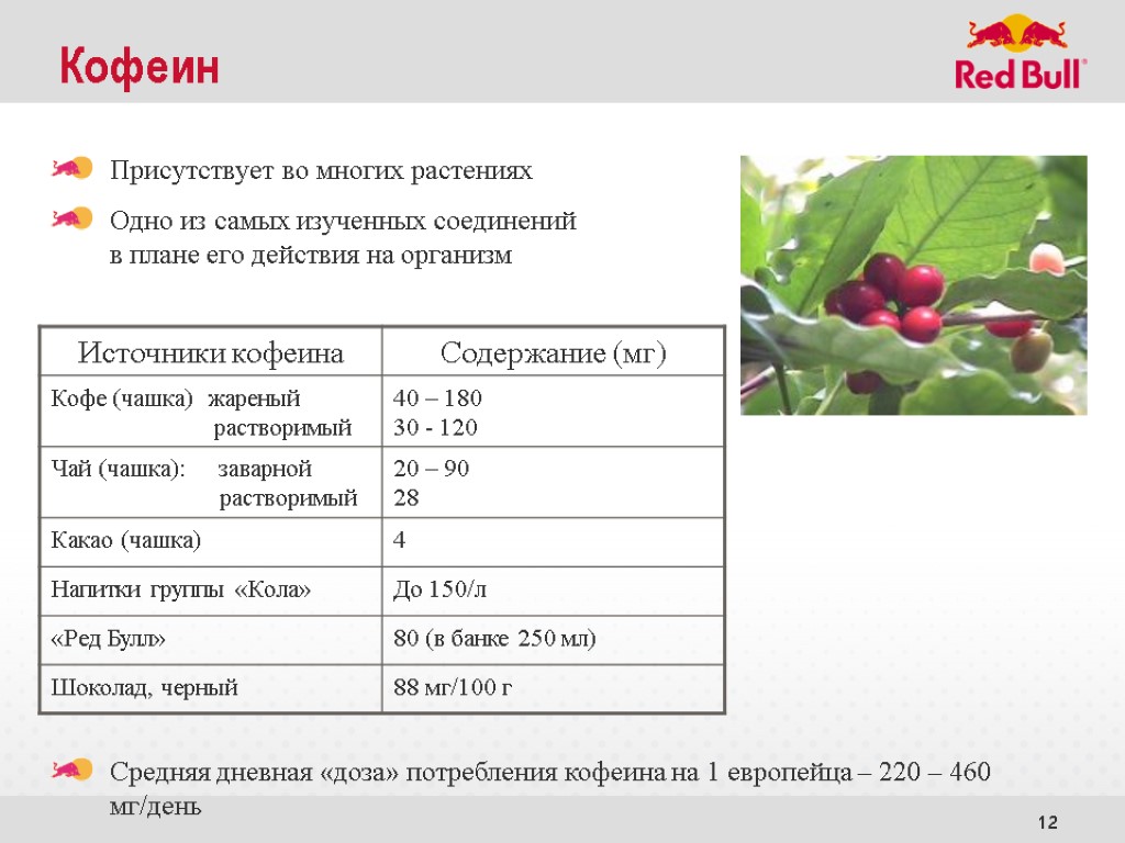 12 Кофеин Присутствует во многих растениях Одно из самых изученных соединений в плане его